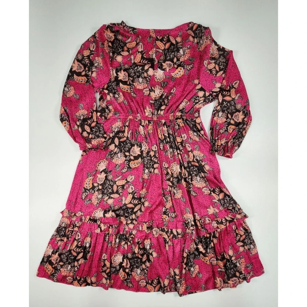 Lane Bryant Dress Size 20 Pink Floral Long Sleeve Midi Dress w/Pockets - Picture 2 of 11